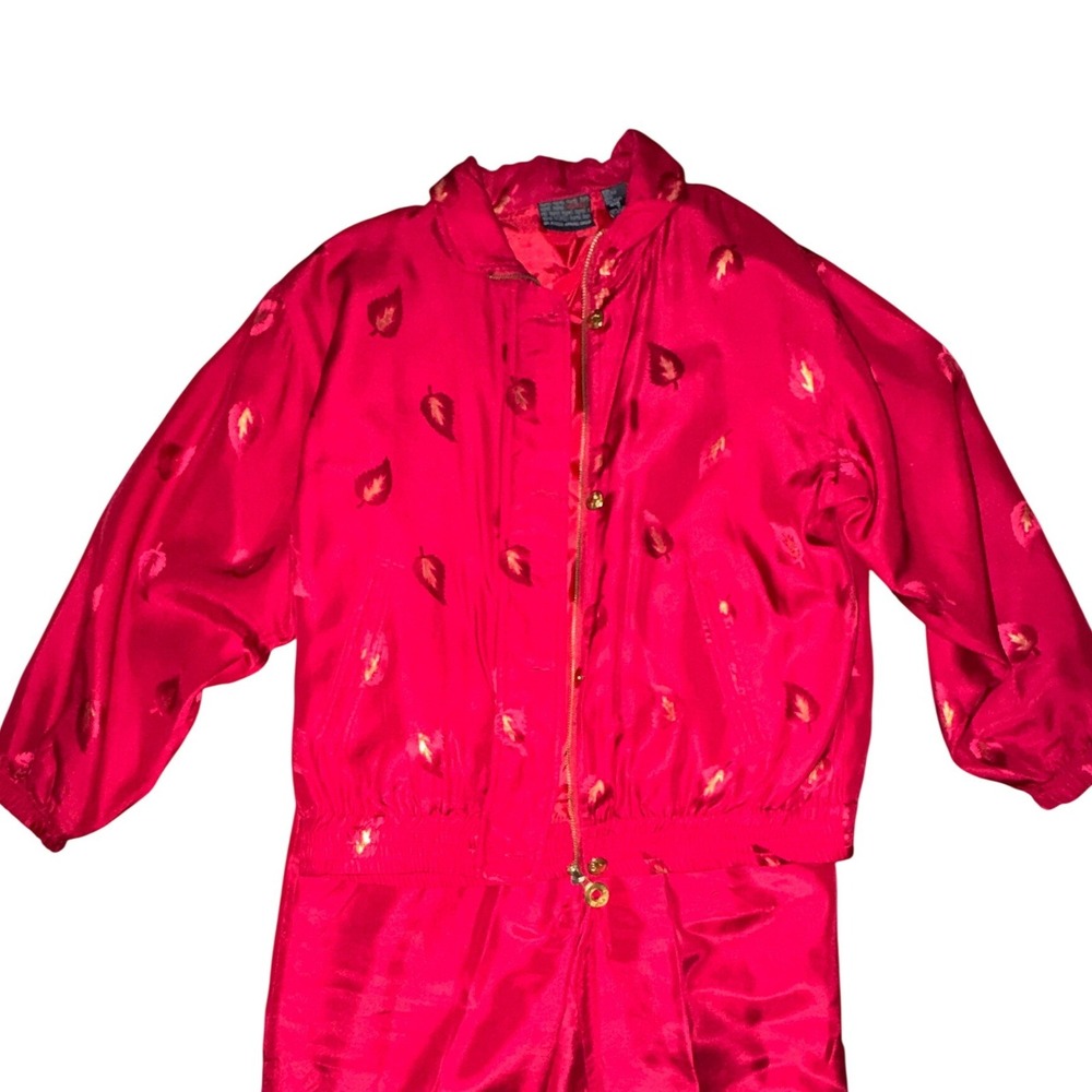 Vtg Mureli Red 100% Silk Leaf Print Track Suit Set Womens Petite Medium
